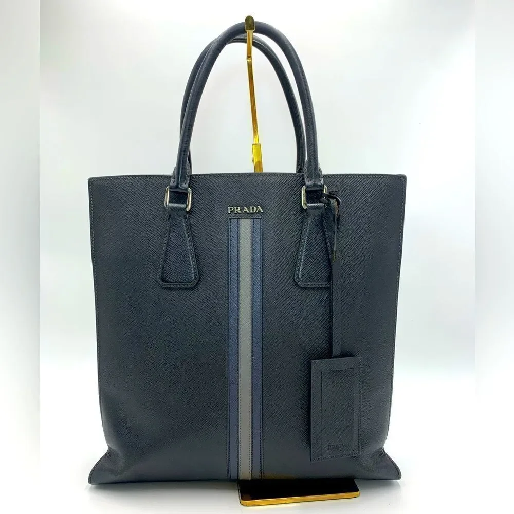 Auth Prada Black Saffiano Leather Web Blue Gray Stripe Travel Tote Preloved